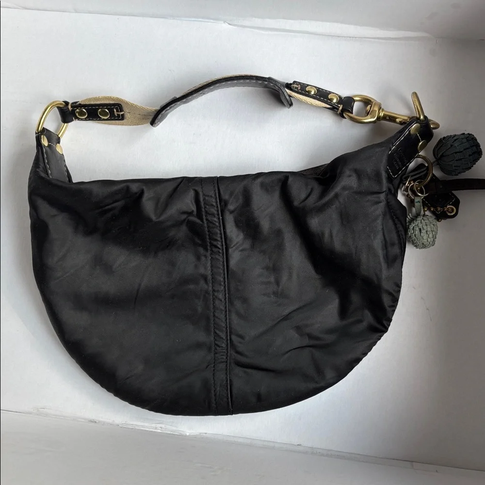 Coach Hampton Soho Black Satin Hobo Shoulder Bag, Teal Lining preowned - Picture 7 of 17